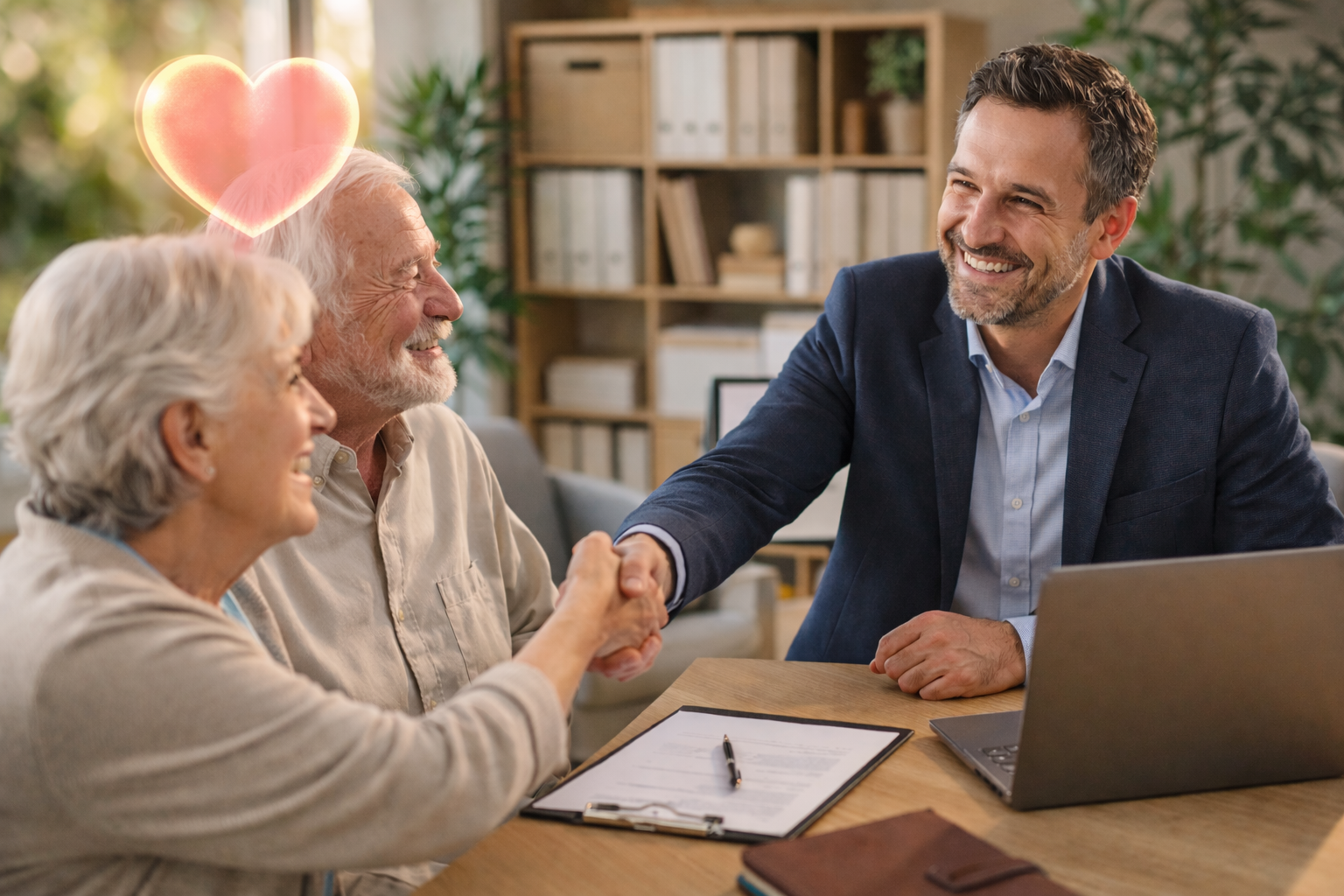 Conseillère souriante avec un couple de seniors